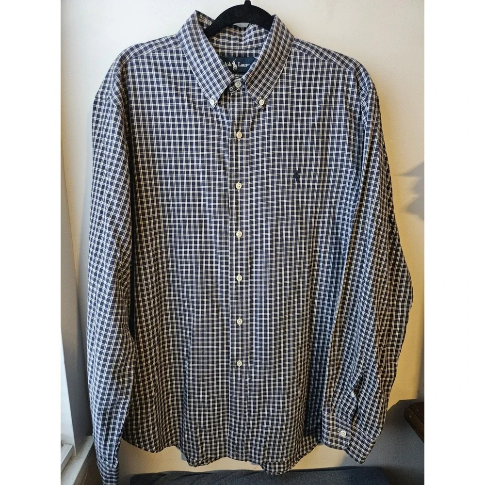 Polo‎ Ralph Lauren Classic Fit Plaid Button Down Shirt Men's XL Navy Blue Cotton